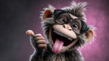 Cartoon monkey in close-up. She has a funny expression on her face, she smiles, showing her teeth, and sticks out her tongue.
