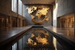 Golden world map sculpture reflects in water at the United Nations headquarters during daytime in New York City, showcasing international collaboration and peace efforts