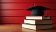 © Pete - Stack of books topped with graduation cap on red background. Education, achievement, scholarly pursuits. Represents academic success, learning, future opportunities for students. Commemorates school,