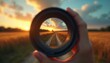 © Pete - Pathway through golden wheat field leads to sunset horizon. Hand holding lens frames distant road. Long term vision, strategic planning, and foresight guide decisions towards opportunity and success.