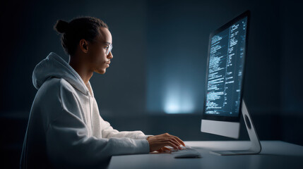Code Whisperer: A focused individual diligently types at a computer, immersed in the glow of the screen, a symbol of modern technology and intellectual pursuit. 