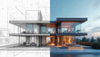 © Pete - Split image shows architectural design evolution from blueprint sketch to modern reality. Left side displays detailed building plans, right side luxurious contemporary house with glass facades,