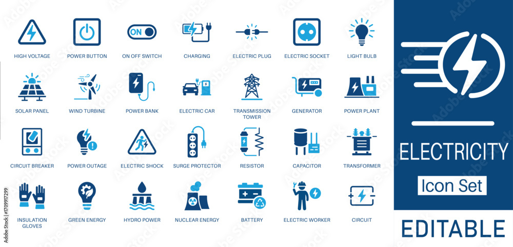Electricity icon set. Featuring Solar Panel, Electric Car, Power Plant ...