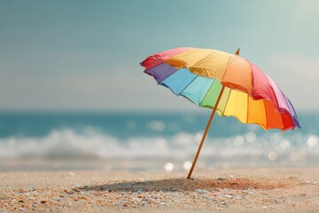 Wall Mural - Colorful beach umbrella standing tall on sandy shore with gentle waves and clear sky during a sunny day