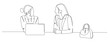 © mamat - Continuous line art of two female workers working in front of a laptop while having a dialogue. Teamwork concept