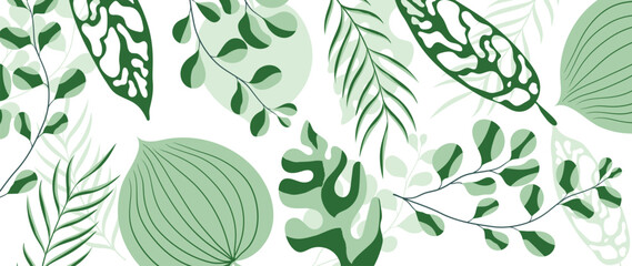 Wall Mural - Abstract tropical plant background vector. Colorful boho foliage botanical tropical leaves and floral pattern. Illustration for summer sale banner , wall art, prints and fabrics.