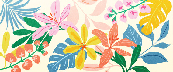Wall Mural - Abstract tropical plant background vector. Colorful boho foliage botanical tropical leaves and floral pattern. Illustration for summer sale banner , wall art, prints and fabrics.