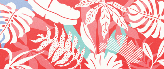 Wall Mural - Abstract tropical plant background vector. Colorful boho foliage botanical tropical leaves and floral pattern. Illustration for summer sale banner , wall art, prints and fabrics.