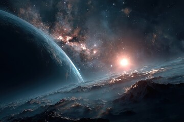 Wall Mural - mesmerizing view of a distant planet under a vast cosmic expanse with swirling clouds and distant ga