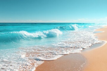 Wall Mural - Sandy beach with soft blue ocean waves gently rolling in at midday under clear skies, creating a serene coastal atmosphere perfect for relaxation