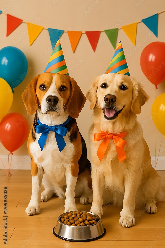 Two dogs wearing party hats and bow ties, celebrating a birthday with ...