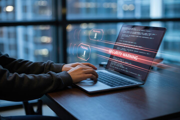 Person typing on laptop with glowing code and data streams