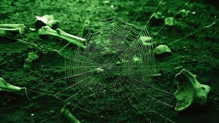 Spider Web over Bones Creepy Halloween Macro Texture on Dark Green