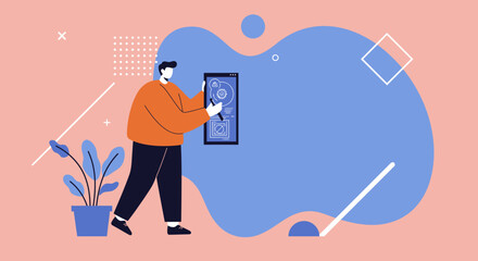 Stylized person analyzing digital interface on a tablet. Concept of UI/UX design, app development, and online problem-solving. Ideal for technology and business.