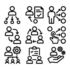 Black Line Icons Representing Business Management and Organizational Structure.