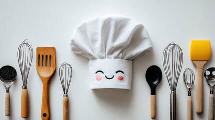Chef hat, kitchen utensils,  flat lay