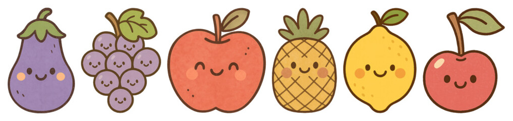 Wall Mural - PNG Cute smiling cartoon fruits, element set on transparent background