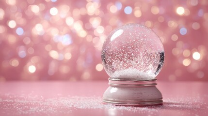 Wall Mural - Blank empty snow globe with copy space surrounded by light flares and sparkling bokeh on soft pink background, festive winter holiday decoration with shallow depth of field and selective focus for chr