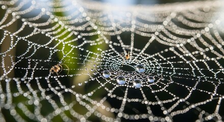 Delicate spiderweb with dewdrops glistening and spider waiting prey