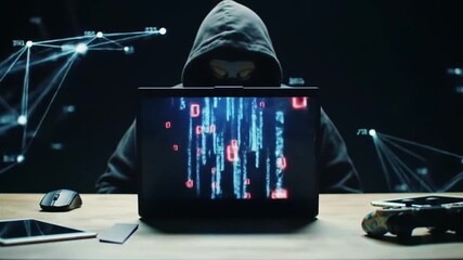 Hooded Figure Coding with Binary Stream on Laptop Screen