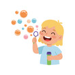 © Lucy Abstracts - Vector art of a happy young child with blonde hair blowing bubbles with a bubble wand and bottle