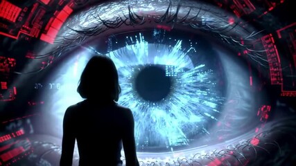 Silhouette Against Abstract Digital Eye Background Red and Blue