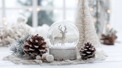 Wall Mural - Christmas background with festive new year’s decor on white table featuring fir branches, pine cones, and decorative snow globe, cozy winter holiday arrangement for seasonal celebration and festive in
