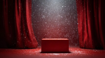 Wall Mural - Festive christmas and new year banner with snowy decoration featuring red fabric background, elegant red curtains, glittering red backdrop, and a spotlight illuminated red podium product stage for hol