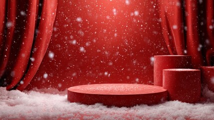 Wall Mural - Festive christmas and new year banner with snowy decoration featuring red fabric background, elegant red curtains, glittering red backdrop, and a spotlight illuminated red podium product stage for hol