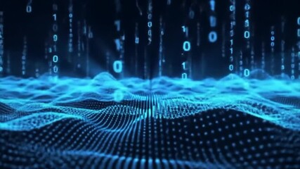Abstract Blue Data Stream Over Digital Wavy Terrain Background