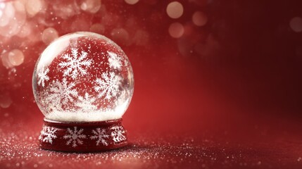 Wall Mural - Empty christmas snow globe on vibrant red background with sparkling light effects, festive holiday decoration symbolizing winter magic, seasonal celebration, and merry christmas illustration for greet