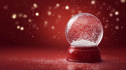 Wall Mural - Empty christmas snow globe on vibrant red background with sparkling light effects, festive holiday decoration symbolizing winter magic, seasonal celebration, and merry christmas illustration for greet