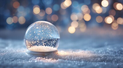 Wall Mural - Empty snow globe on snowy surface with soft bokeh light background, festive winter decoration element for christmas mockups, holiday design projects, seasonal crafts, and magical winter-themed illustr