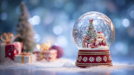 Wall Mural - Festive christmas snow globe with sparkling holiday decorations and elegant display platform for products, surrounded by a magical winter background creating a cozy seasonal atmosphere for greeting ca