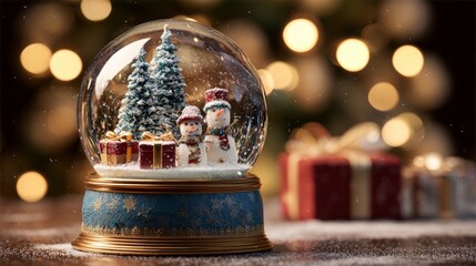 Wall Mural - Festive christmas snow globe with sparkling holiday decorations and elegant display platform for products, surrounded by a magical winter background creating a cozy seasonal atmosphere for greeting ca