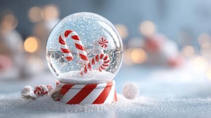 Wall Mural - Festive christmas snow globe with candy cane on snow in clear glass ball, realistic 3d plastic style holiday decoration featuring winter scene and greeting concept for merry christmas and happy new ye