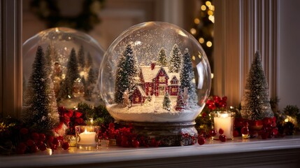 Wall Mural - Illuminated christmas snow globe with blank centerpiece on festive mantel surrounded by holiday decorations, warm lights, and seasonal ornaments for cozy winter celebration and christmas greeting desi