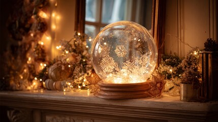 Wall Mural - Illuminated christmas snow globe with blank centerpiece on festive mantel surrounded by holiday decorations, warm lights, and seasonal ornaments for cozy winter celebration and christmas greeting desi