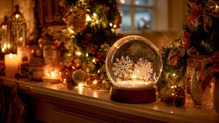 Wall Mural - Illuminated christmas snow globe with blank centerpiece on festive mantel surrounded by holiday decorations, warm lights, and seasonal ornaments for cozy winter celebration and christmas greeting desi