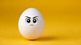 A cartoon egg with a frowning face on a yellow background. The egg is angry and has a negative expression