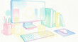 © Tomo - A workspace with a desktop PC and documents in colorful pastel watercolor colors