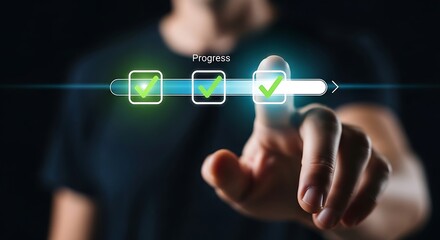 Man using a progress bar with check marks, representing task completion and project management success