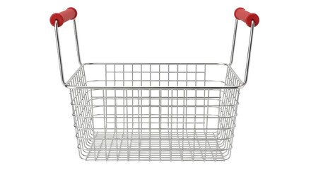 Isolated silver wire basket with red handles for cooking fried foods at home or outdoors