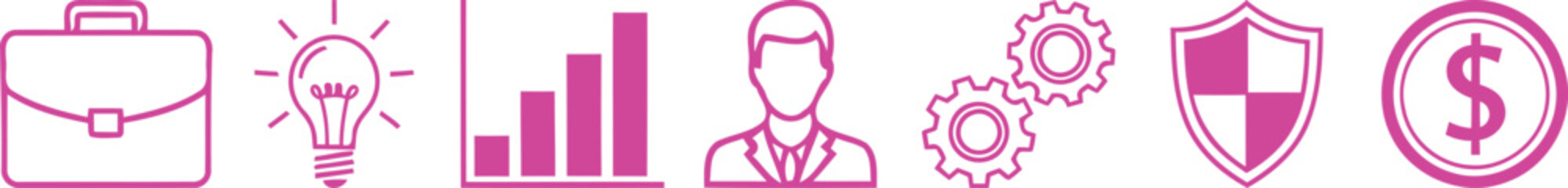 A set of pink business-themed icons representing work, ideas, growth, and finance on a white background.