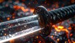 © Bagja - A ultra hyper-realistic, macro shot of a sleek, black-and-silver katana blade with a glowing, flowing data stream.