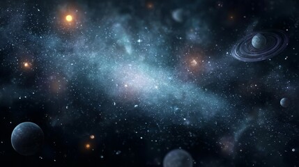 Wall Mural - A cosmic scene featuring a nebula, stars, planets, and a ringed planet in deep space