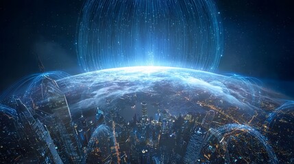 Wall Mural - Futuristic cityscape with glowing network connections and a luminous planet in space