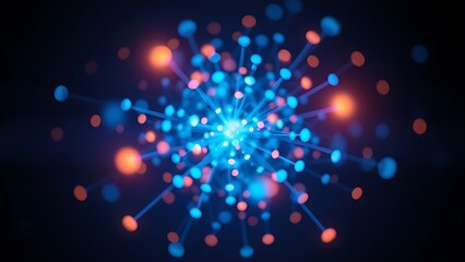 Abstract network of glowing nodes and connections in blue and orange floating in space.