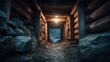© donchanu - Dark mine tunnel interior with wooden beams stone walls and a single light bulb illuminating the path forward