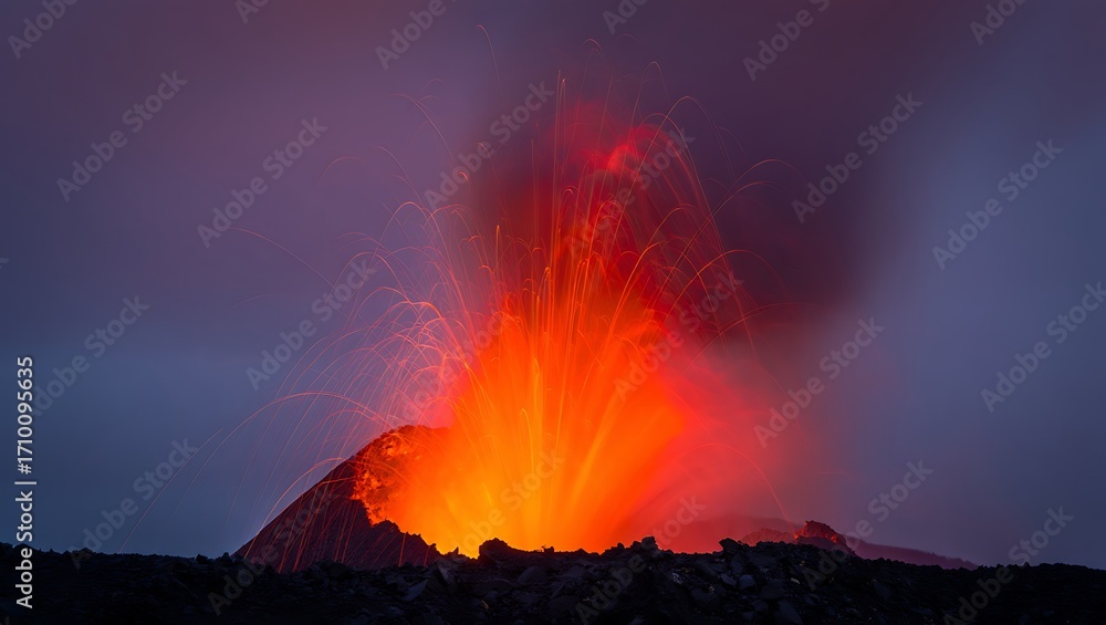 Erupting Volcano at Night Fiery Lava and Ash Spewing into the Dark Sky ...